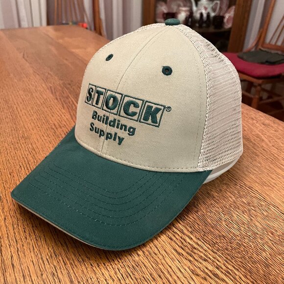 Men's Stock Building Supply Green/Tan Hook and Loop Mesh Back Trucker Hat Cap* - Picture 1 of 12
